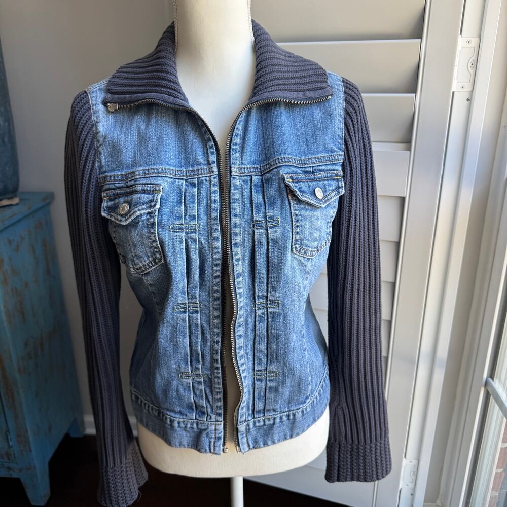 Vintage GAP Jean Jacket Womens M Blue Knit Sweater Sleeves Y2K Bohemian Grunge - Picture 2 of 12
